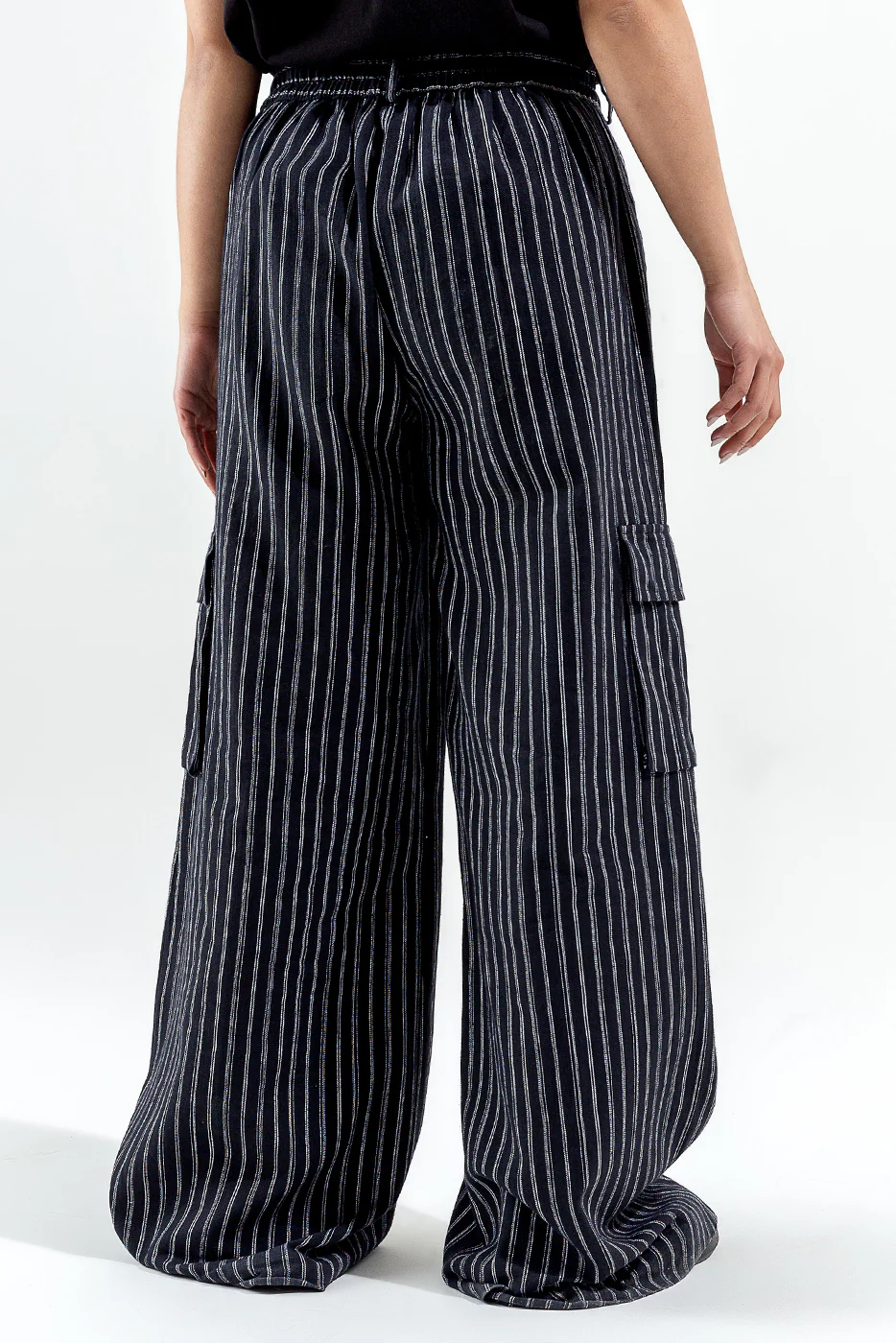 BLACK STRIPED CARGO WIDE LEG PANTS - Image 3