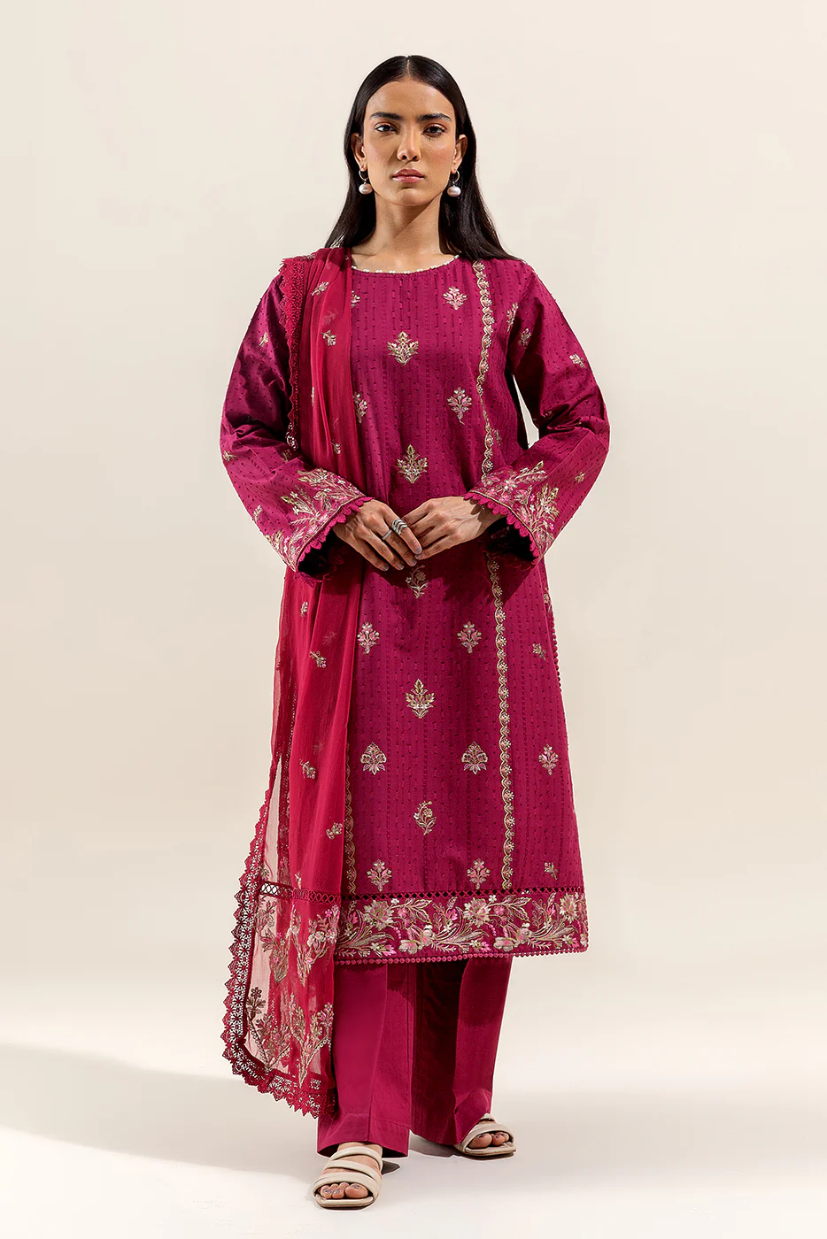 3 PIECE EMBROIDERED LAWN SUIT-CARMINE QUARTZ (UNSTITCHED) - Image 2