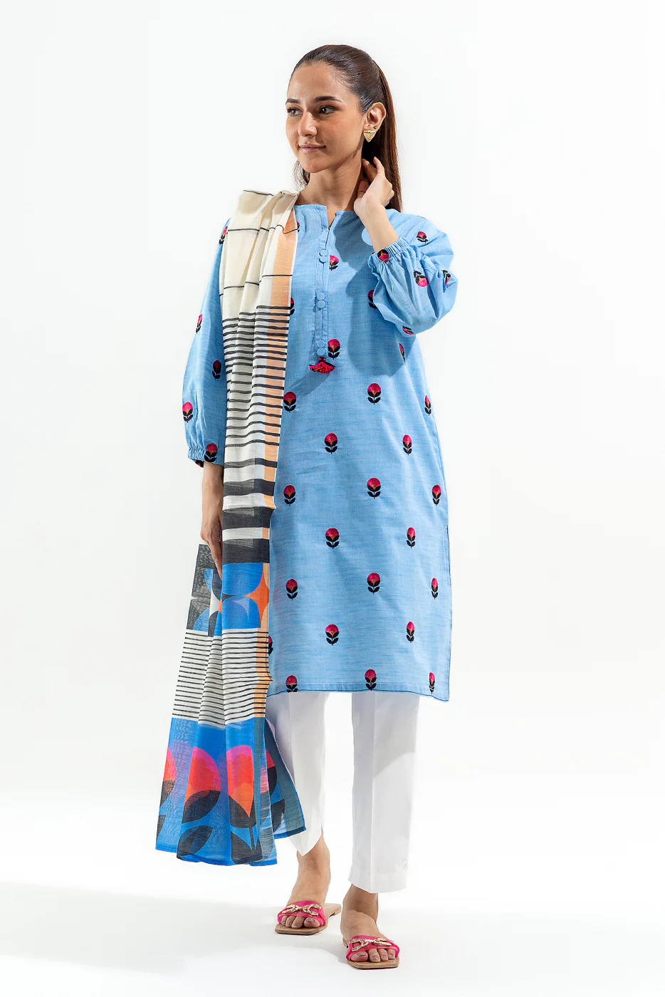 2 PIECE EMBROIDERED CHAMBRAY SUIT (PRET) - Image 2