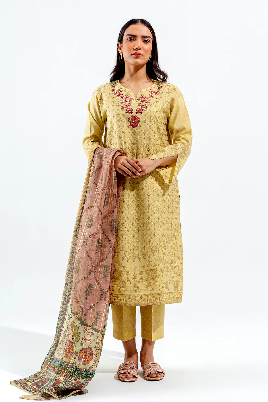 3 PIECE EMBROIDERED SLUB SUIT (LUXURY PRET) - Image 3
