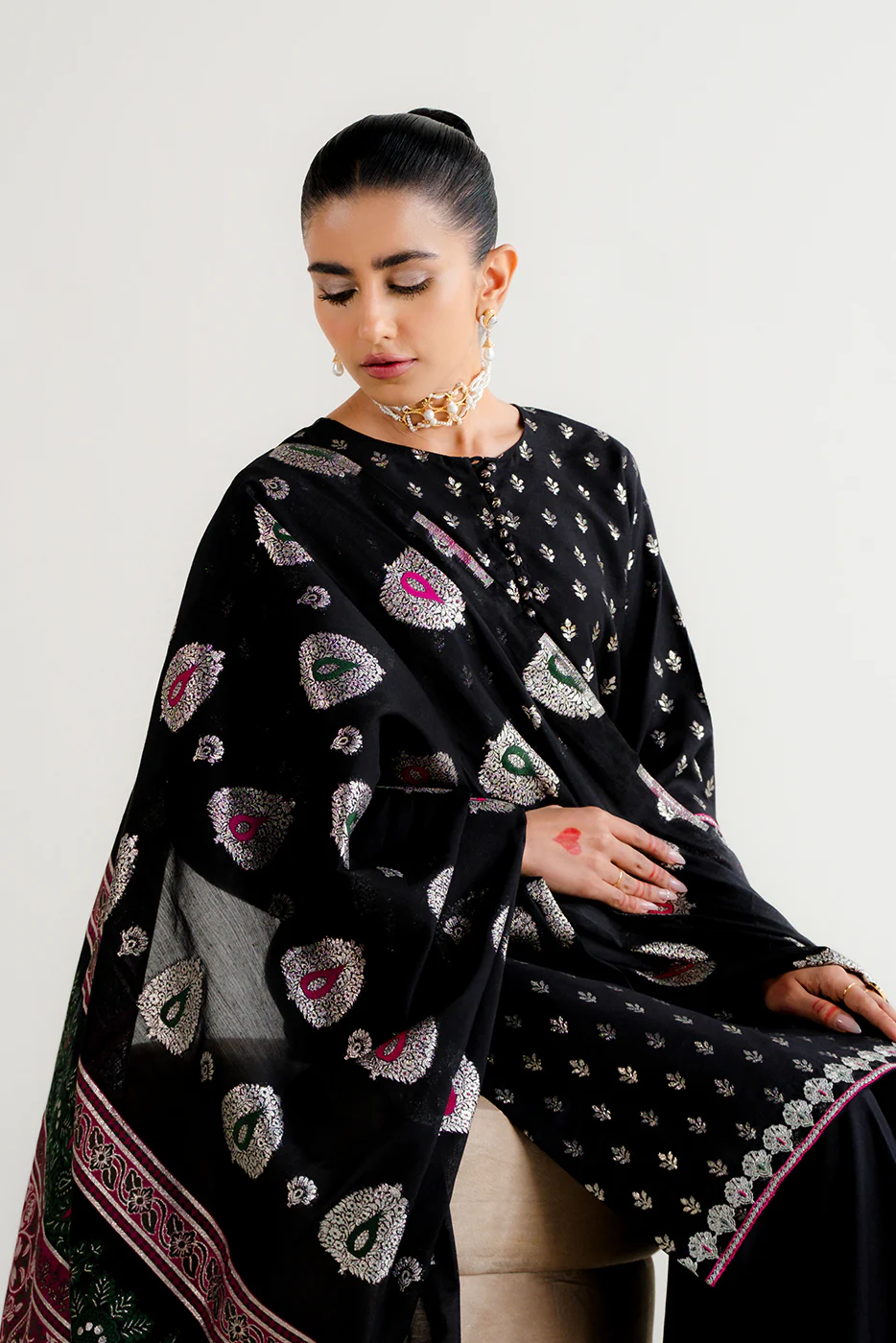 3 PIECE EMBROIDERED JACQUARD SUIT-MOONLIGHT NOIR (UNSTITCHED) - Image 2