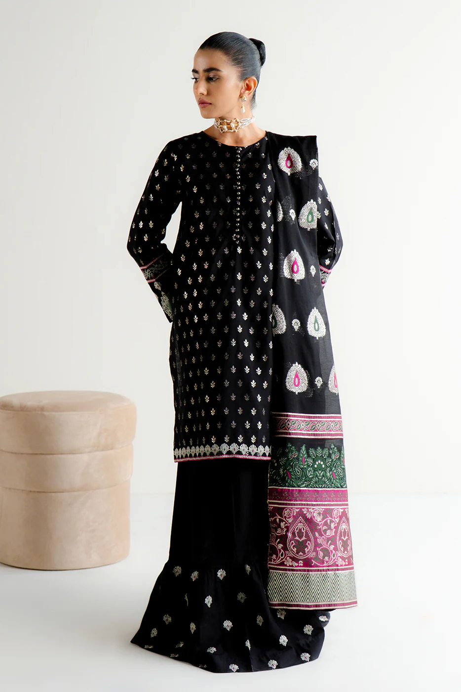 3 PIECE EMBROIDERED JACQUARD SUIT-MOONLIGHT NOIR (UNSTITCHED) - Image 7