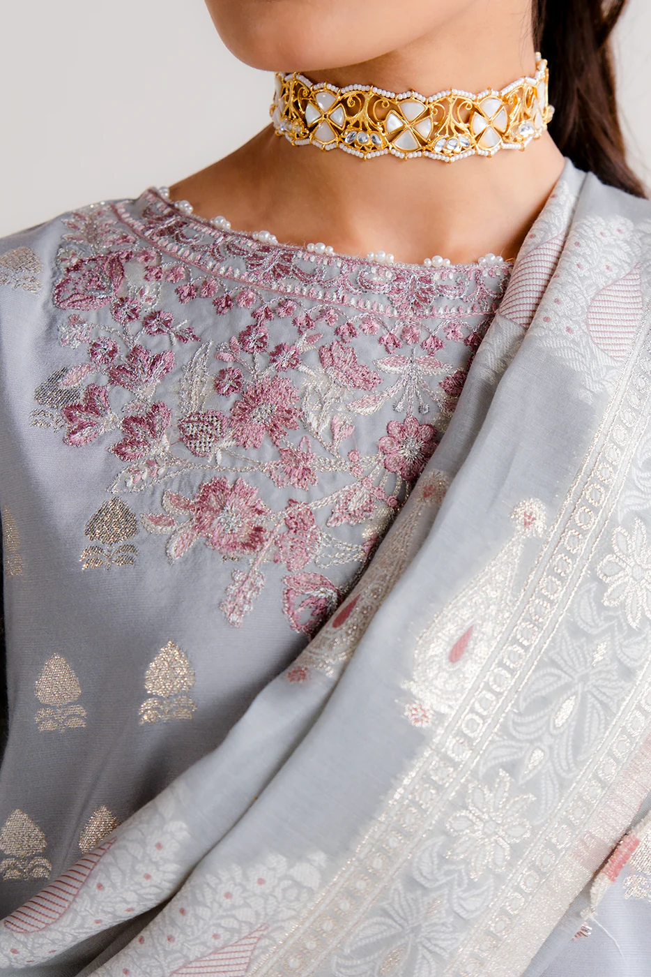 3 PIECE EMBROIDERED JACQUARD SUIT-MYSTIC MISTY (UNSTITCHED) - Image 5
