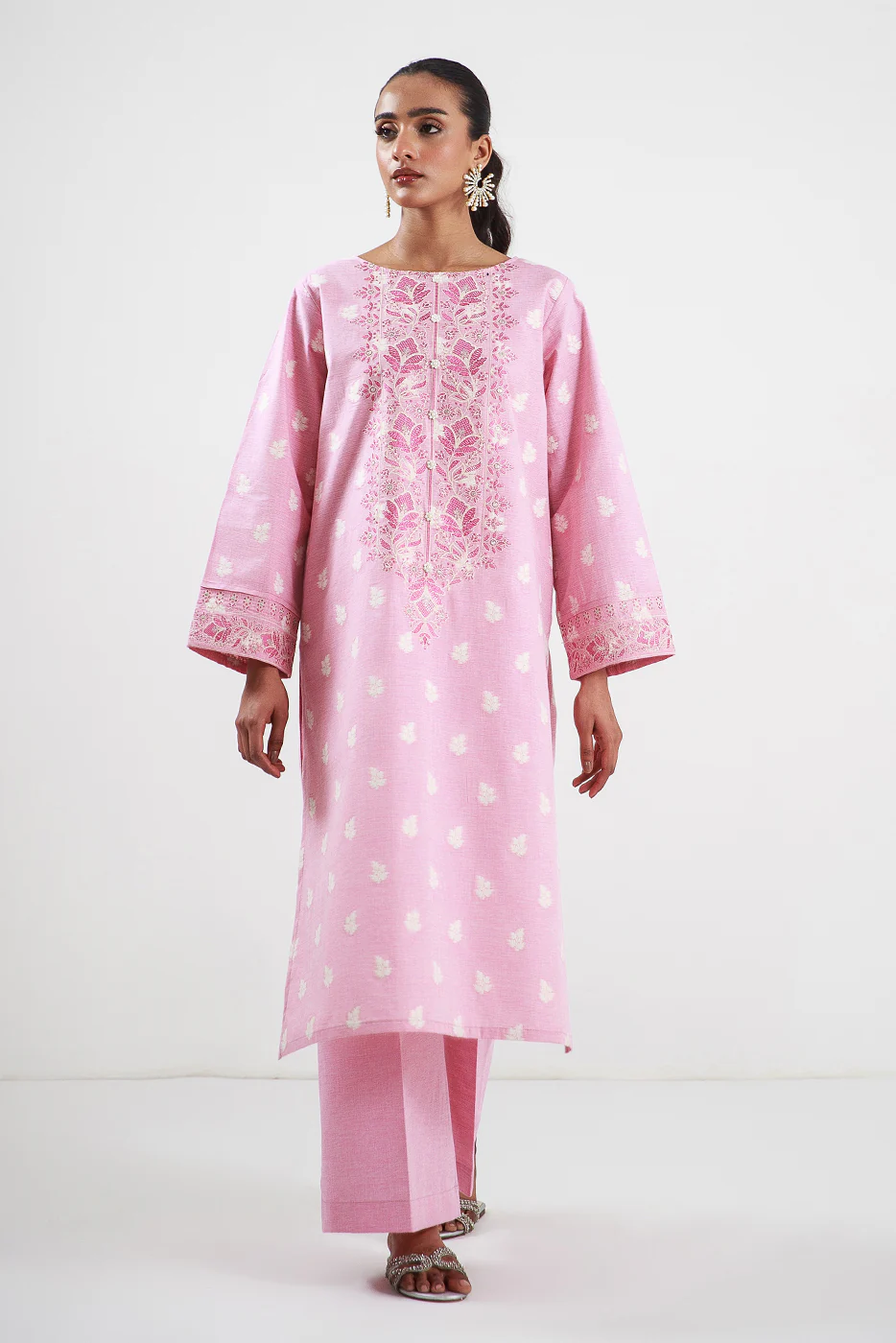 2 PIECE EMBROIDERED TWO TONE JACQUARD SUIT-ROSY PINK (UNSTITCHED) - Image 2