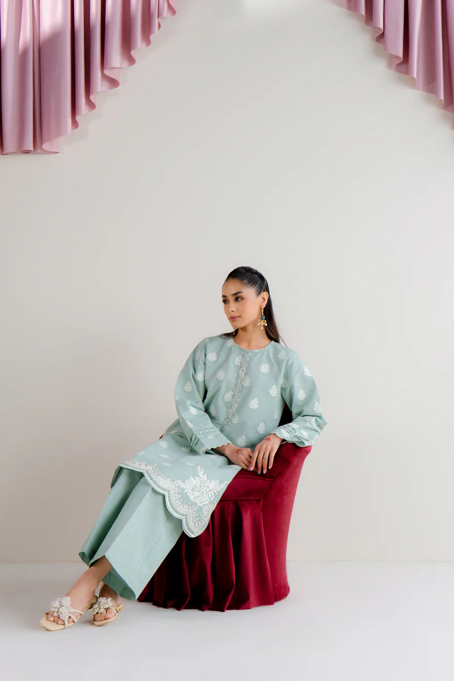 2 PIECE EMBROIDERED TWO TONE JACQUARD SUIT-MISTY MINT (UNSTITCHED) - Image 2