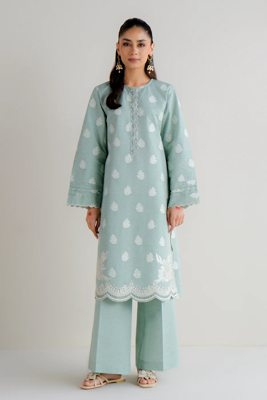 2 PIECE EMBROIDERED TWO TONE JACQUARD SUIT-MISTY MINT (UNSTITCHED) - Image 4