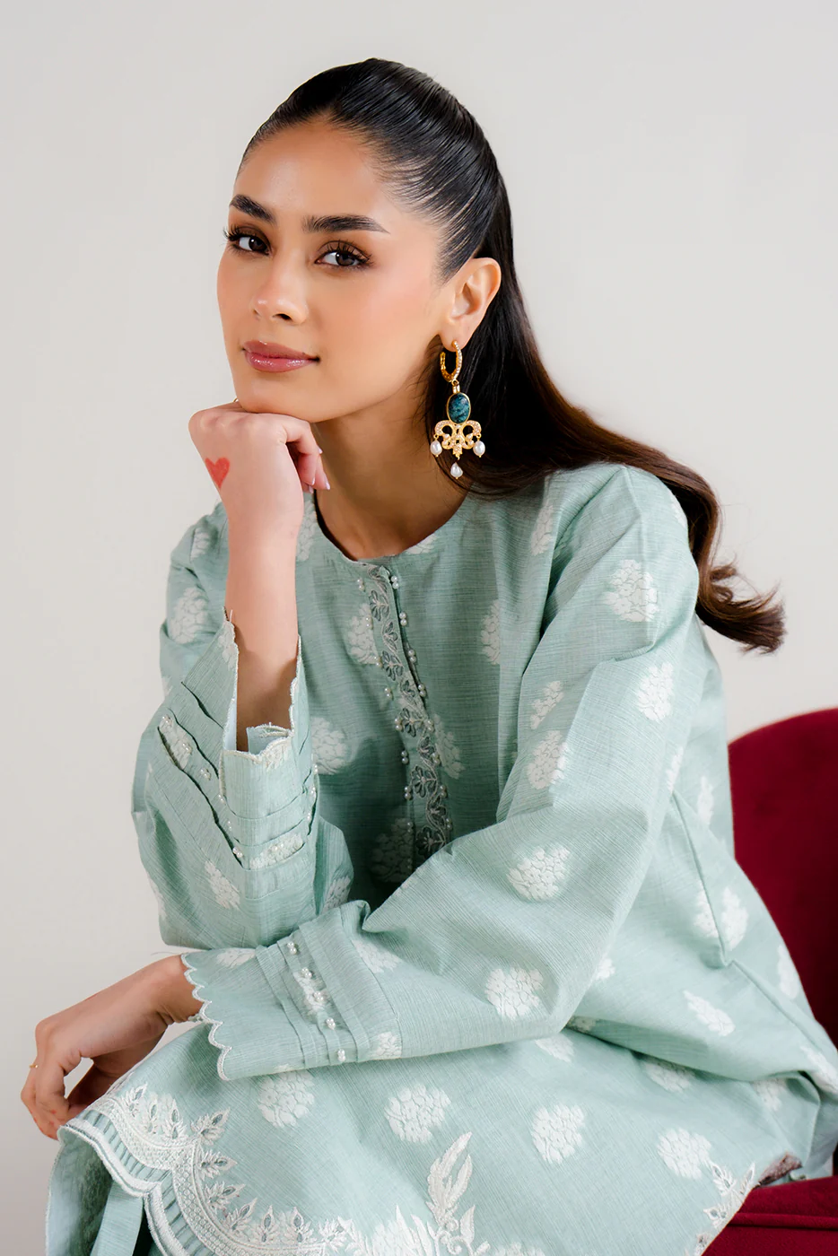 2 PIECE EMBROIDERED TWO TONE JACQUARD SUIT-MISTY MINT (UNSTITCHED) - Image 5