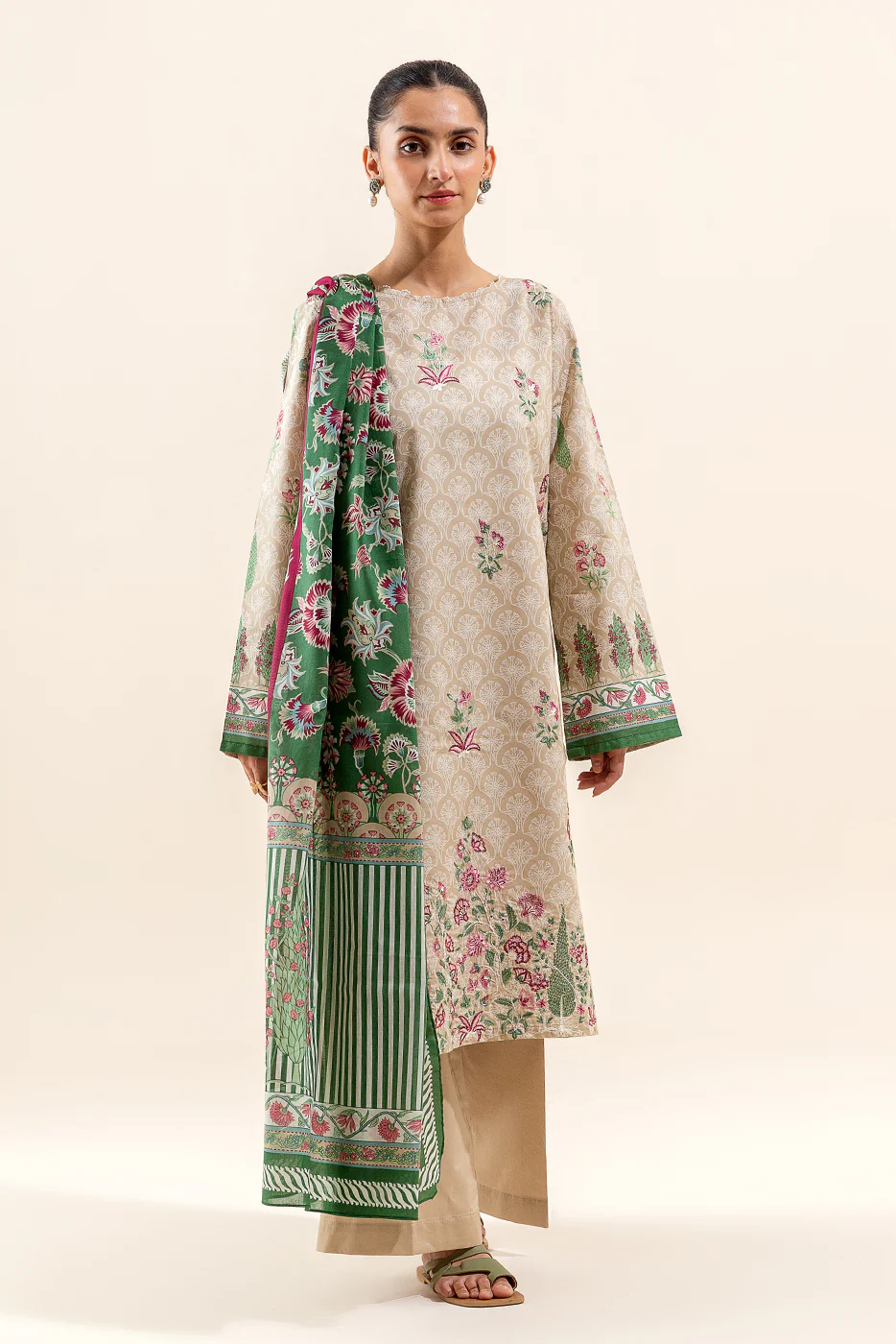 3 PIECE EMBROIDERED LAWN SUIT-CREWEL BEIGE (UNSTITCHED) - Image 2