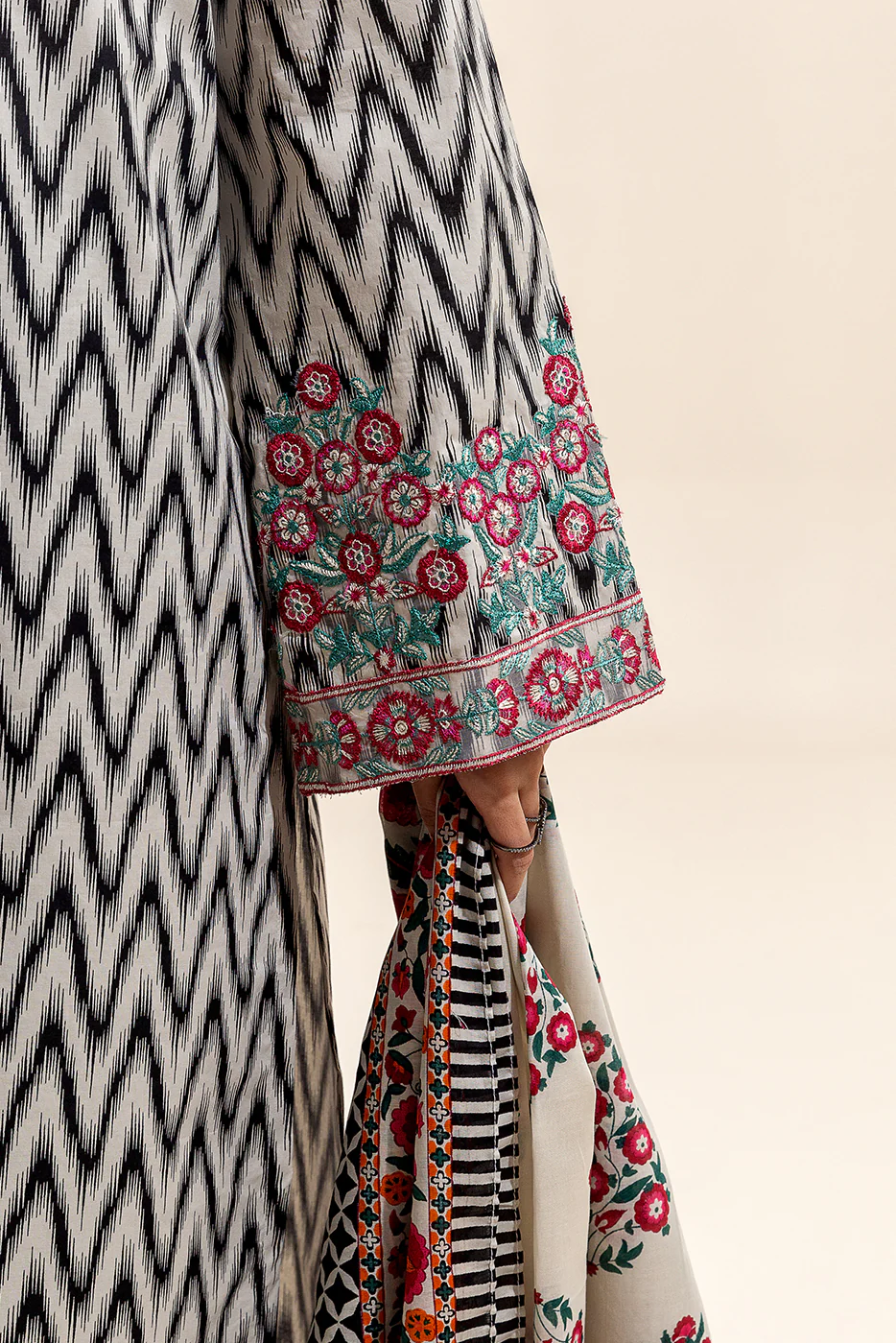 3 PIECE EMBROIDERED LAWN SUIT-IKAT MESH (UNSTITCHED) - Image 6