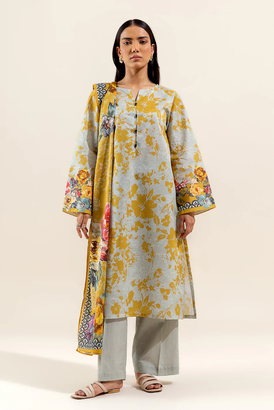 3 PIECE PRINTED LAWN SUIT-CANARY BLOOM (UNSTITCHED) - Image 2