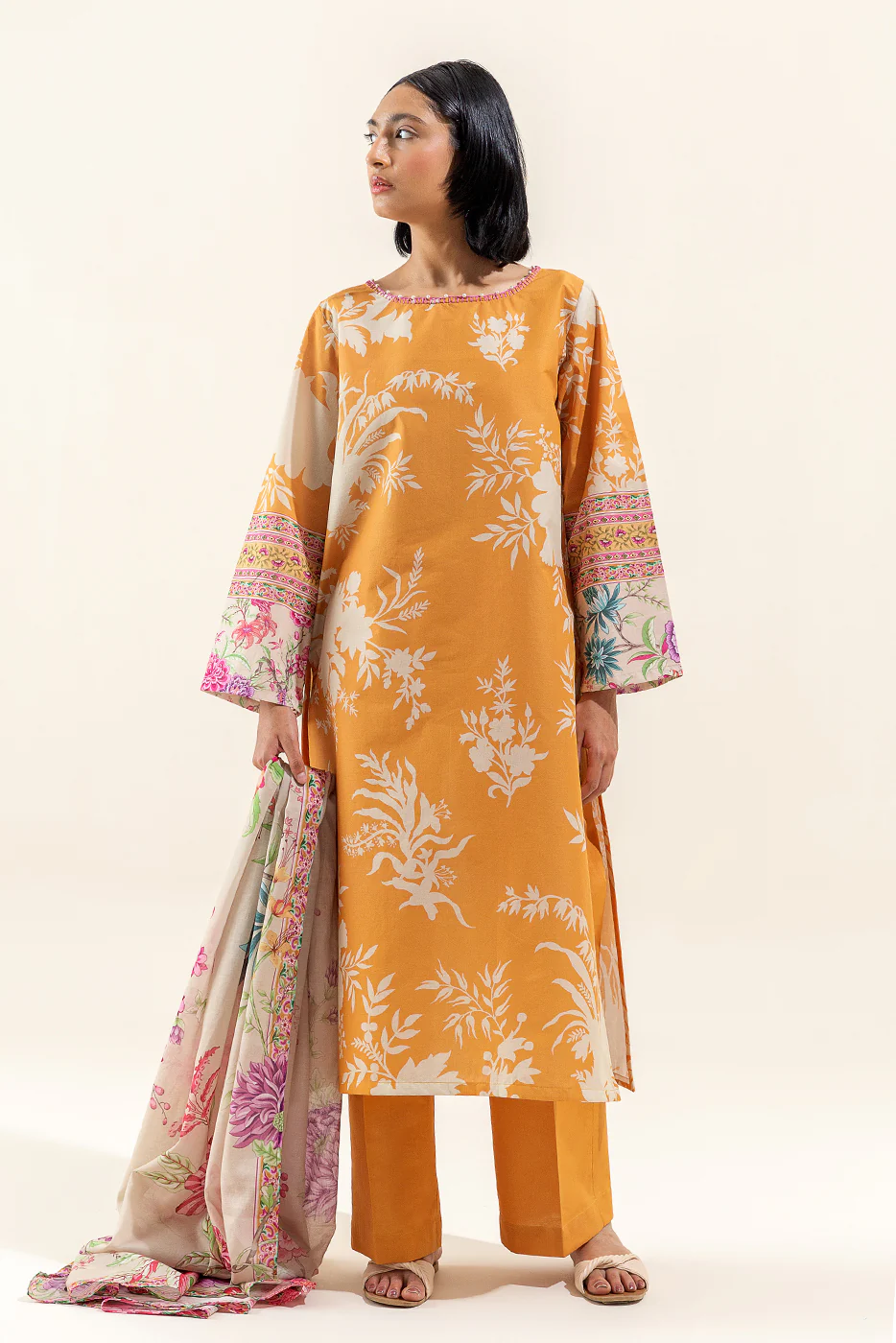 3 PIECE PRINTED LAWN SUIT-TUSCAN GOLD (UNSTITCHED) - Image 4