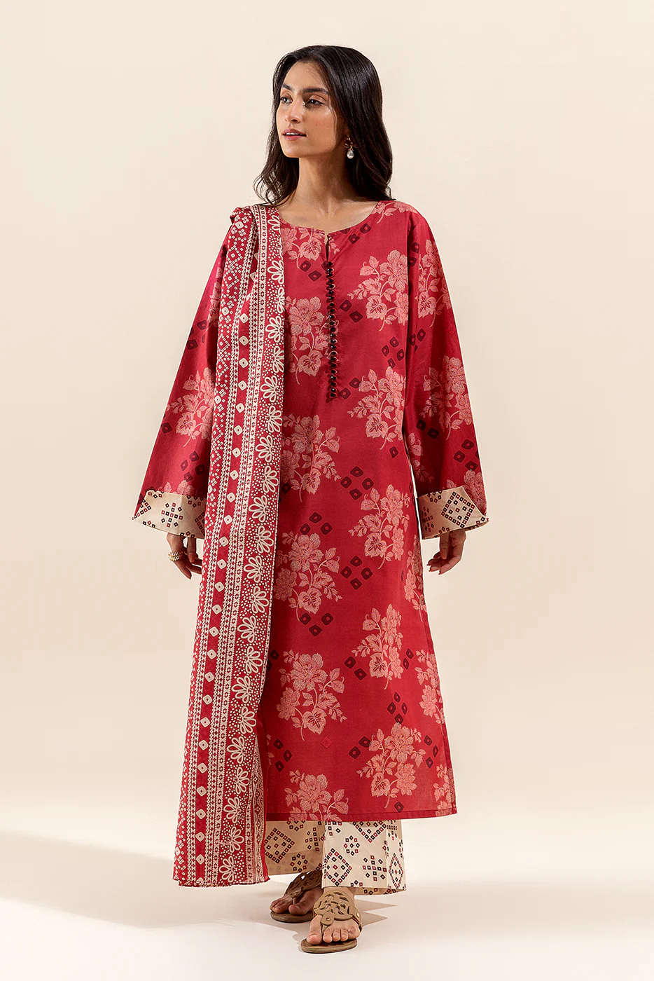 3 PIECE PRINTED LAWN SUIT-RED WOOD (UNSTITCHED) - Image 2