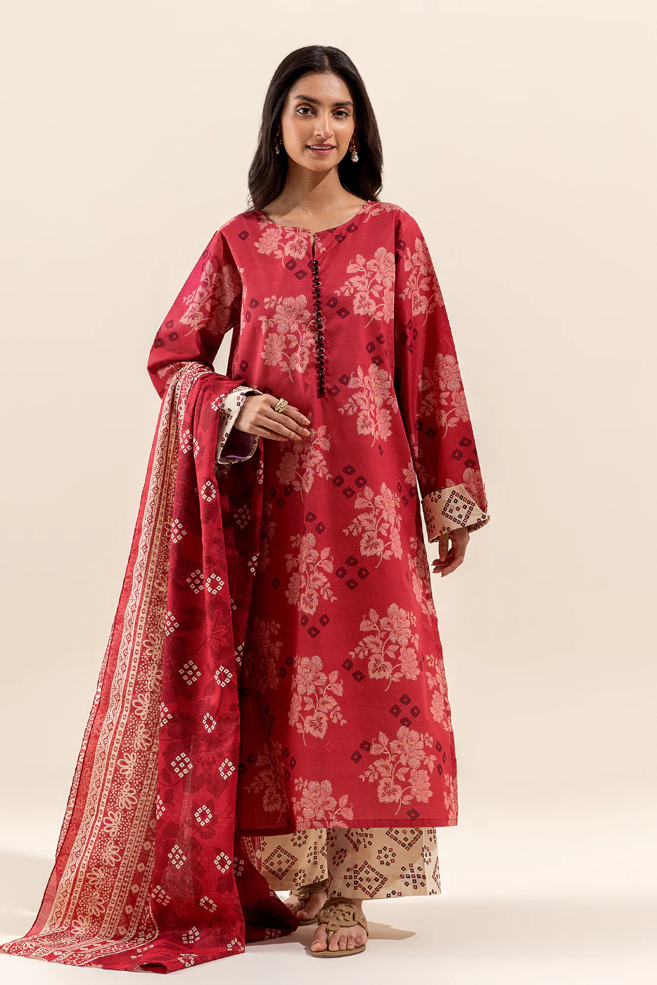 3 PIECE PRINTED LAWN SUIT-RED WOOD (UNSTITCHED) - Image 3