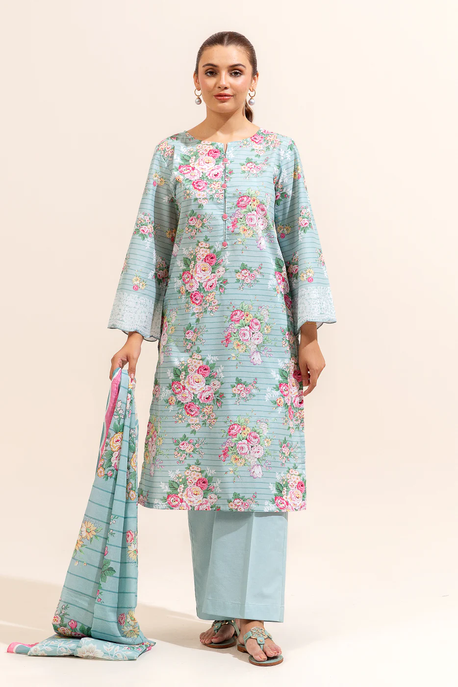 3 PIECE PRINTED LAWN SUIT-CYAN FLORA (UNSTITCHED) - Image 3