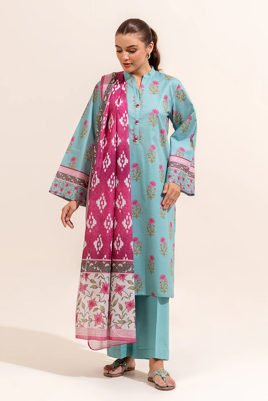 3 PIECE PRINTED LAWN SUIT-MINTY MEADOW (UNSTITCHED) - Image 2