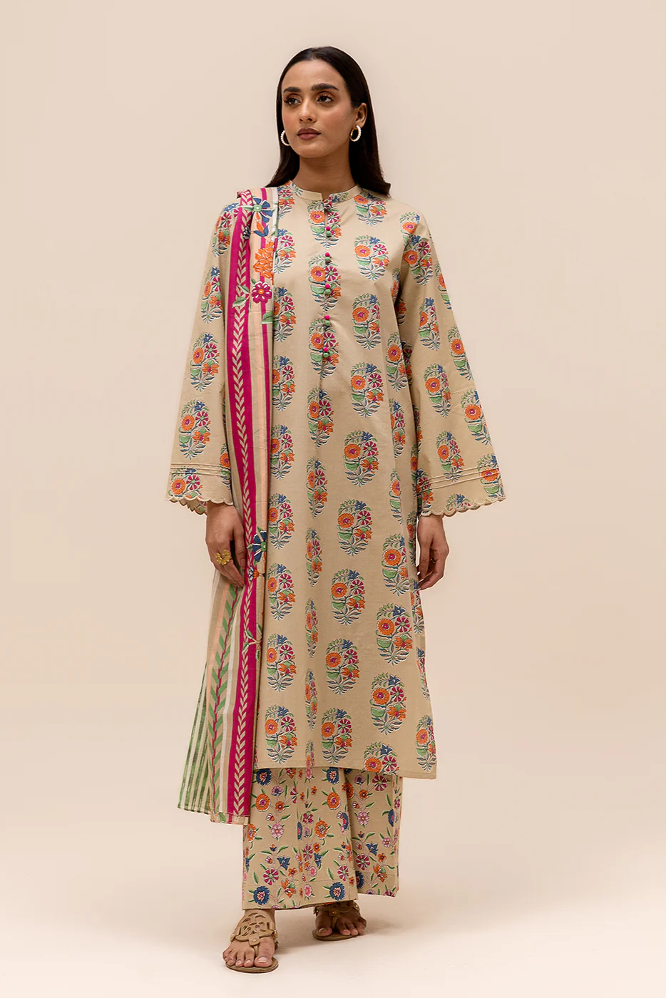 3 PIECE PRINTED LAWN SUIT-SAND FLORET (UNSTITCHED) - Image 2