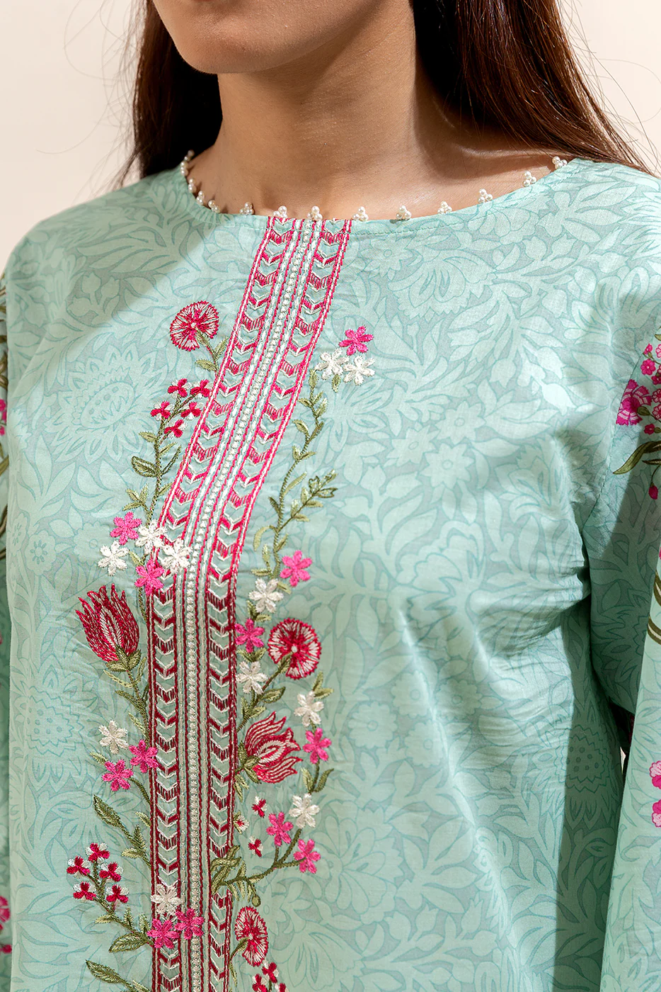3 PIECE EMBROIDERED LAWN SUIT-TURQUOISE BLOOM (UNSTITCHED) - Image 2