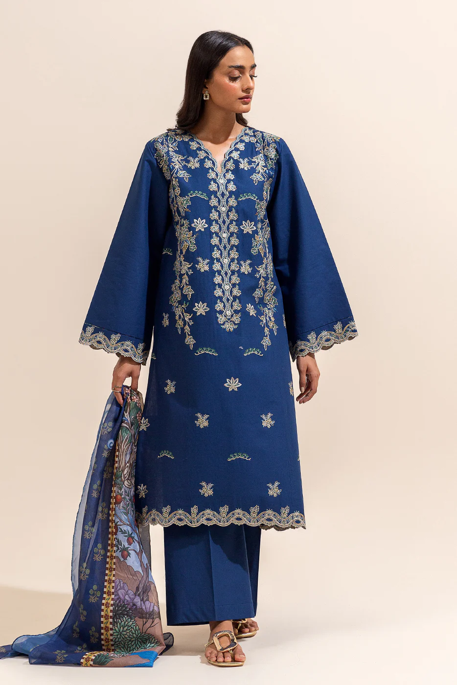 3 PIECE EMBROIDERED LAWN SUIT-NAVY MEADOW (UNSTITCHED) - Image 2