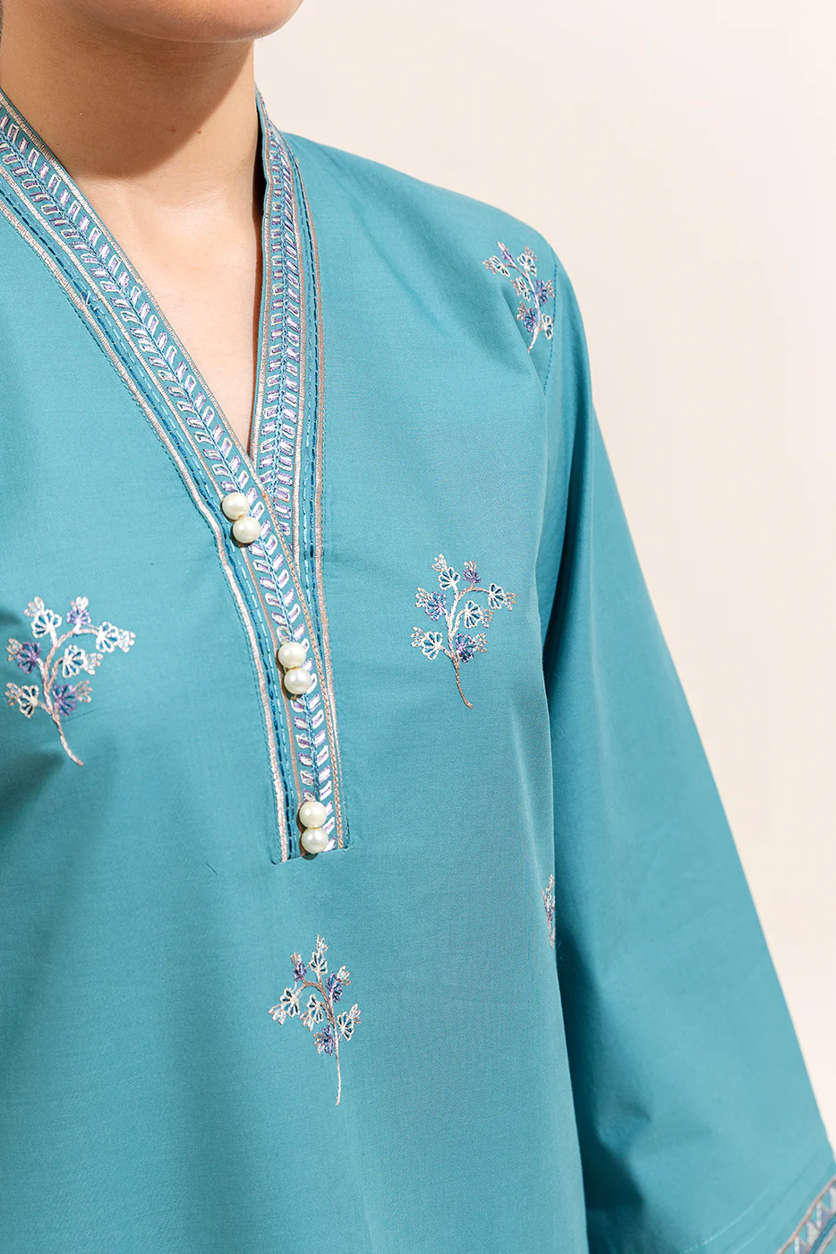 3 PIECE EMBROIDERED LAWN SUIT-CERULEAN PINE (UNSTITCHED) - Image 5