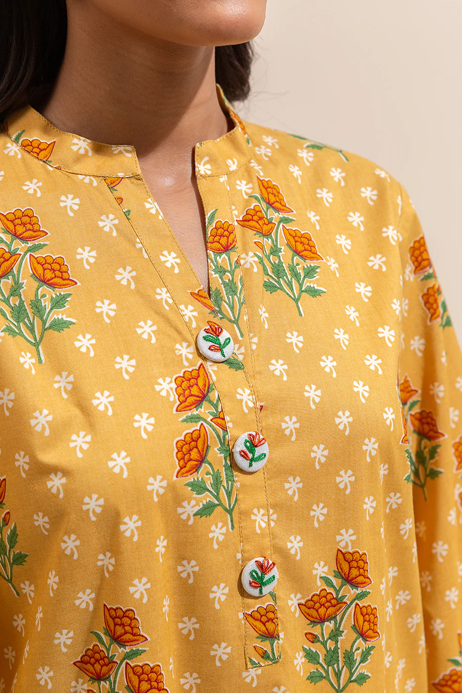 2 PIECE PRINTED LAWN SUIT-MUSTARD VINES (UNSTITCHED) - Image 3