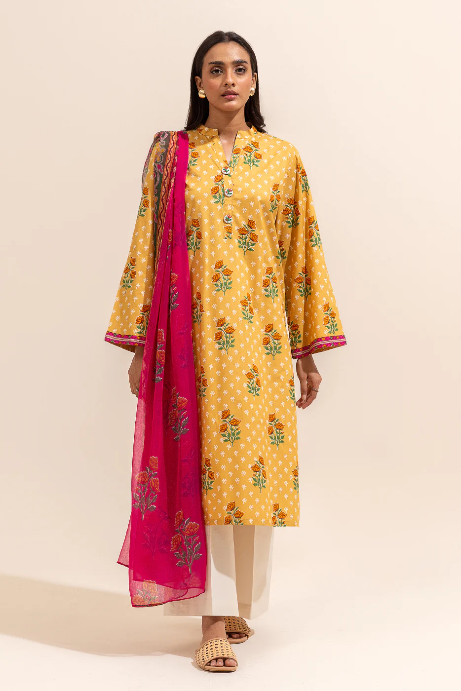 2 PIECE PRINTED LAWN SUIT-MUSTARD VINES (UNSTITCHED) - Image 5