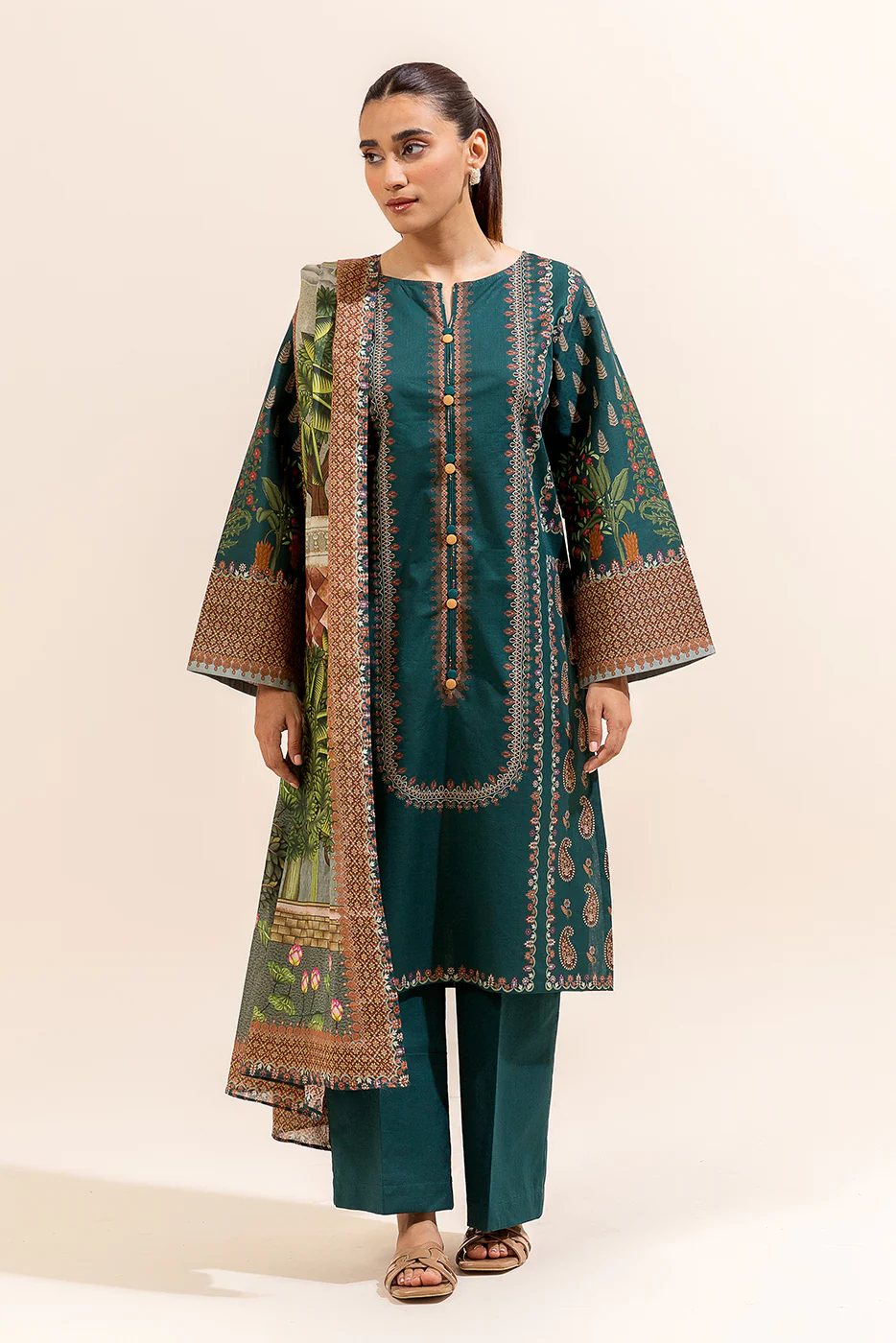 3 PIECE PRINTED LAWN SUIT-TEAL TROPICA (UNSTITCHED) - Image 4