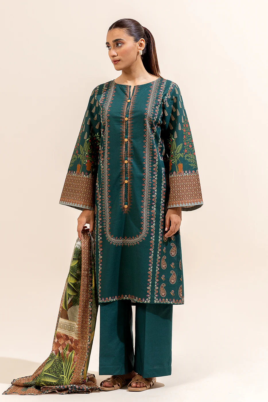 3 PIECE PRINTED LAWN SUIT-TEAL TROPICA (UNSTITCHED) - Image 5