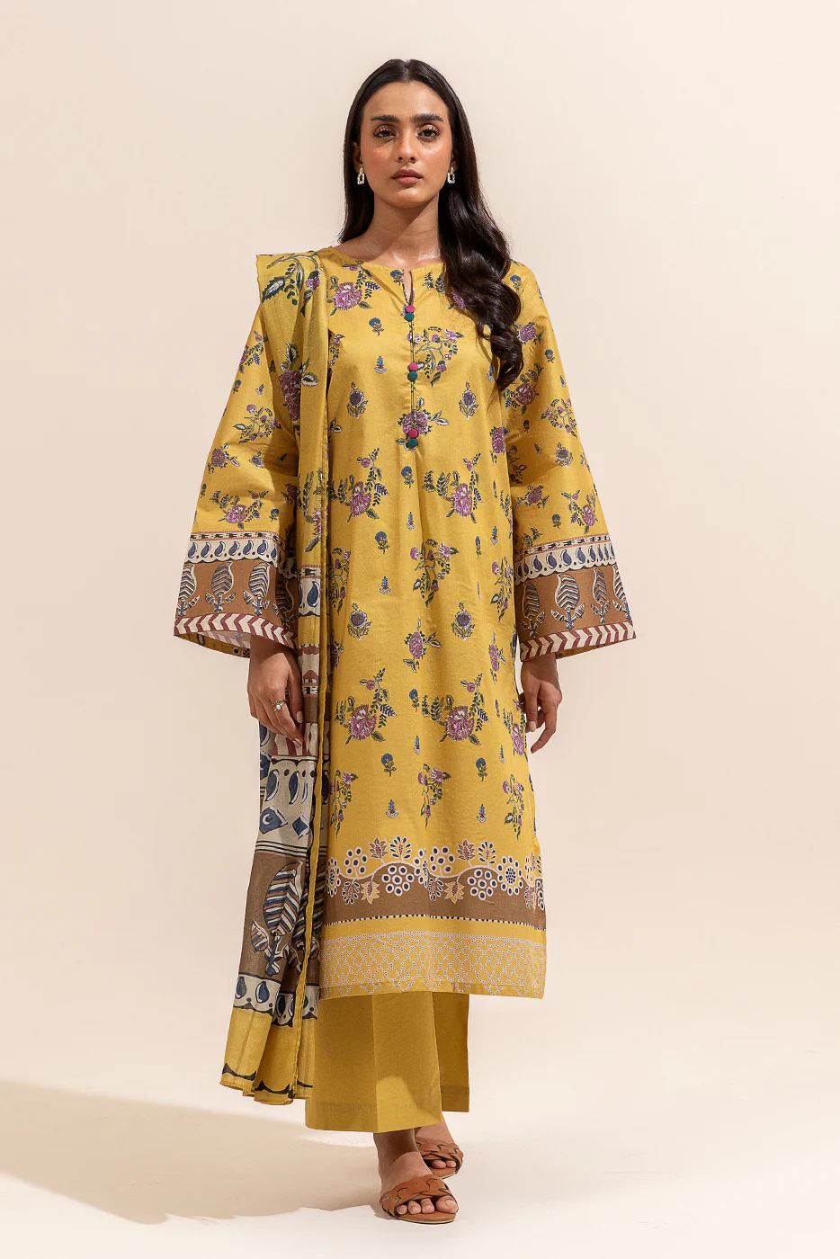 3 PIECE PRINTED LAWN SUIT-YELLOW FERN (UNSTITCHED) - Image 4