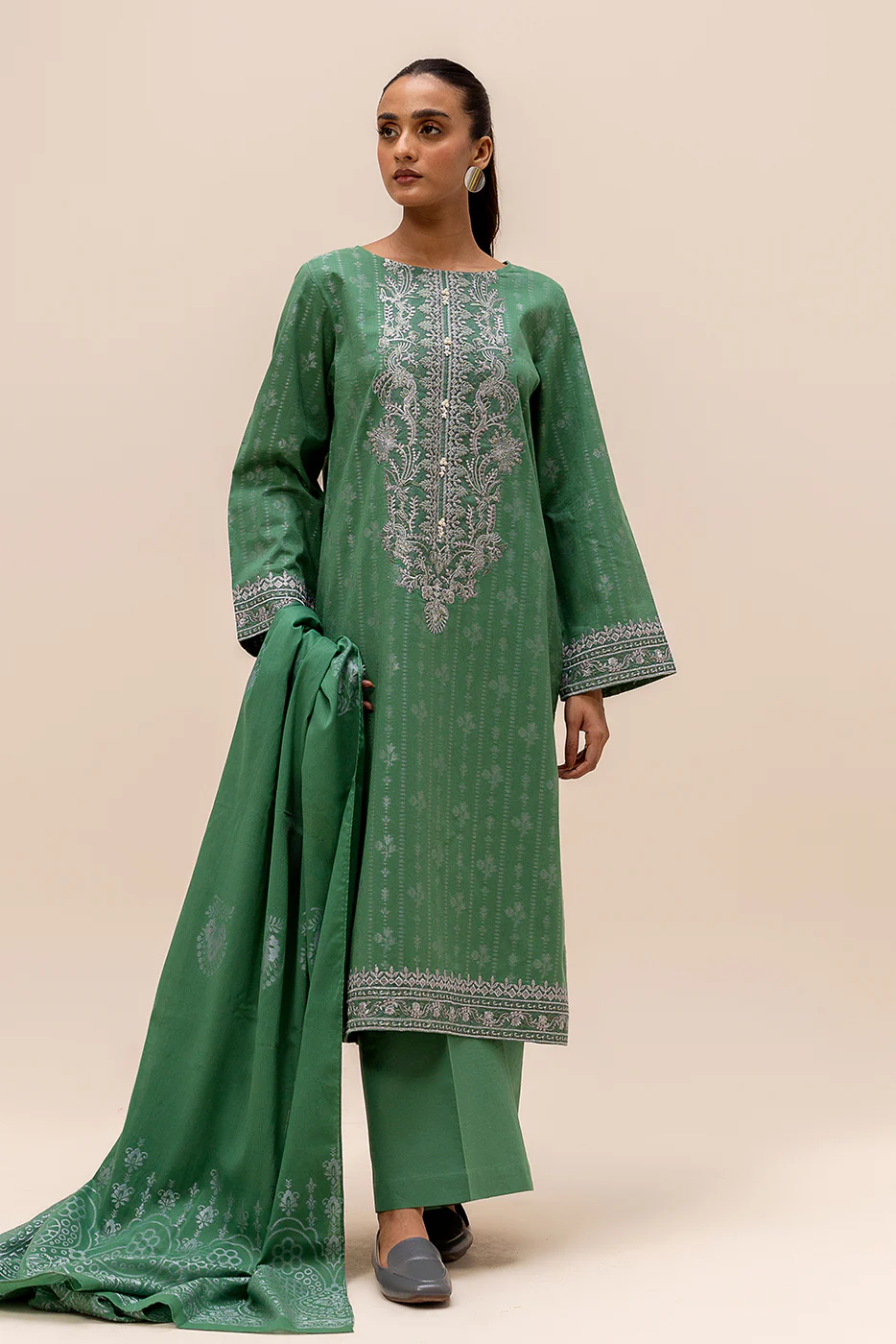3 PIECE EMBROIDERED JACQUARD SUIT-VERDANT GLAM (UNSTITCHED) - Image 4