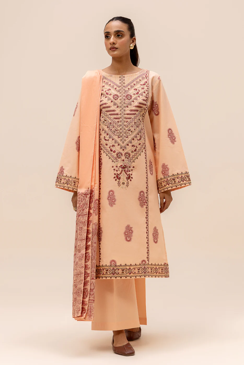 3 PIECE EMBROIDERED JACQUARD SUIT-SALMON BLISS (UNSTITCHED) - Image 3