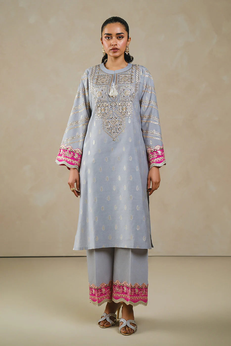 2 PIECE EMBROIDERED LUREX JACQUARD SUIT (LUXURY PRET) - Image 2