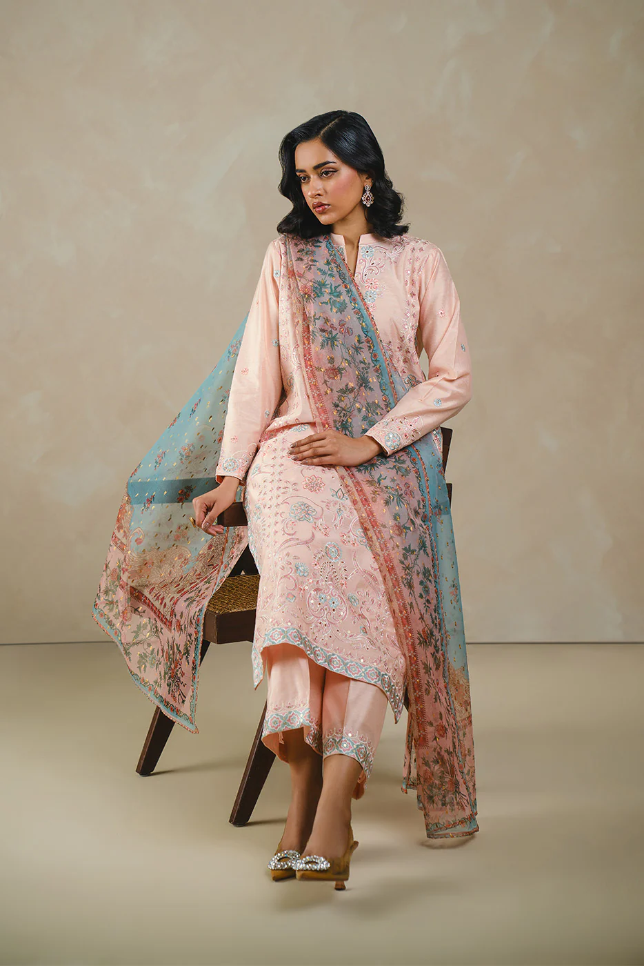 3 PIECE EMBROIDERED TWO TONE SUIT (LUXURY PRET) - Image 2