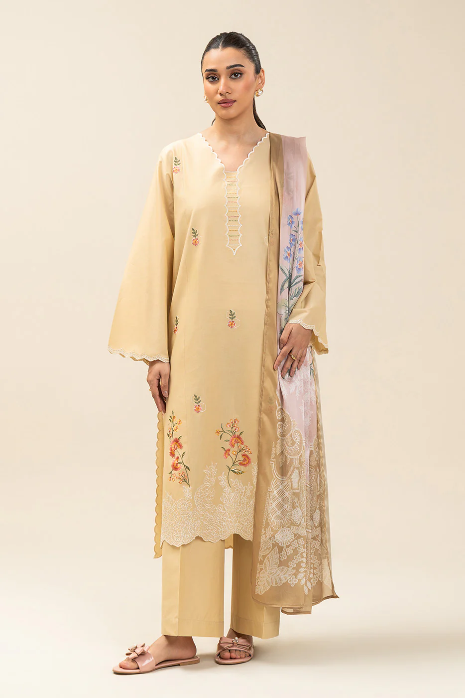 2 PIECE EMBROIDERED LAWN SUIT-BUTTER CREAM (UNSTITCHED) - Image 3