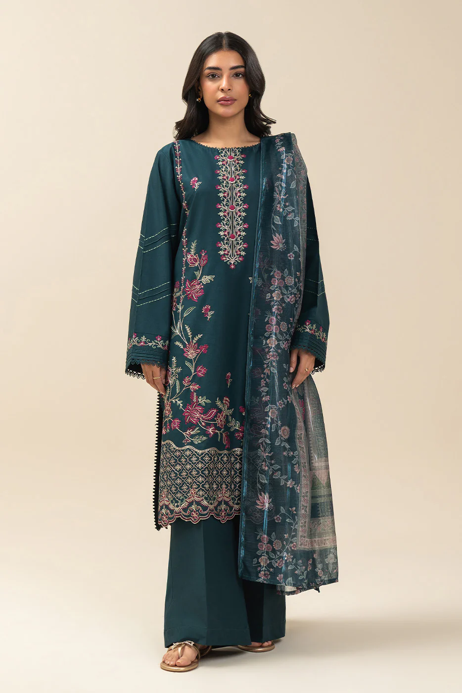 3 PIECE EMBROIDERED LAWN SUIT-TEAL TRANSITION (UNSTITCHED) - Image 2