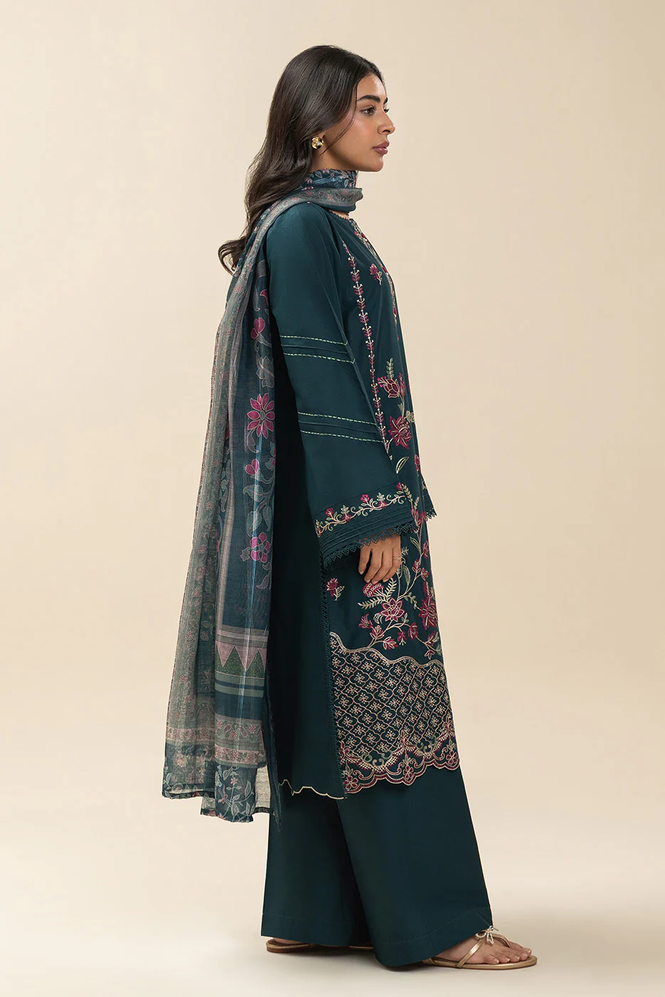 3 PIECE EMBROIDERED LAWN SUIT-TEAL TRANSITION (UNSTITCHED) - Image 3