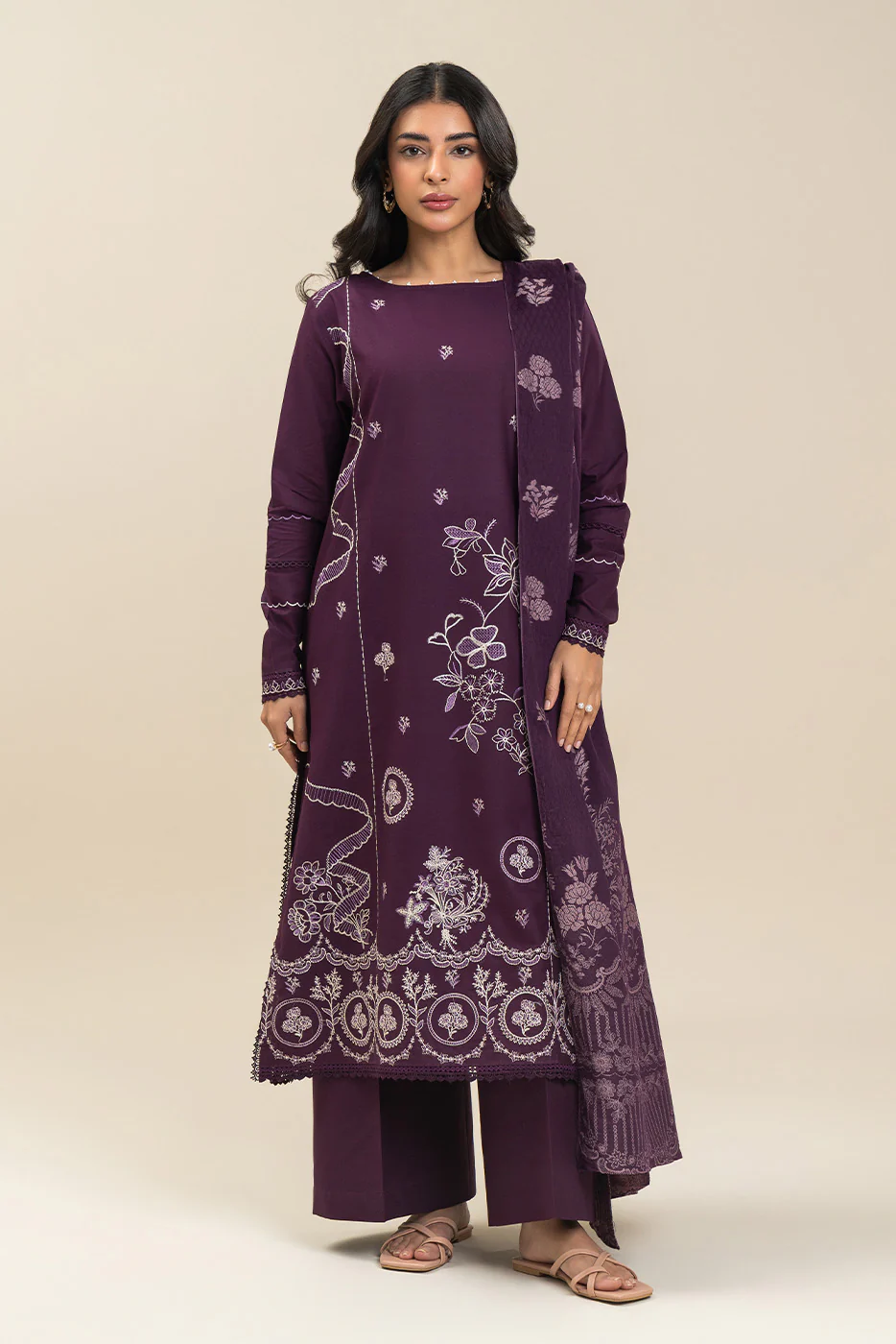 3 PIECE EMBROIDERED LAWN SUIT-PLUM FALLOUT (UNSTITCHED) - Image 2