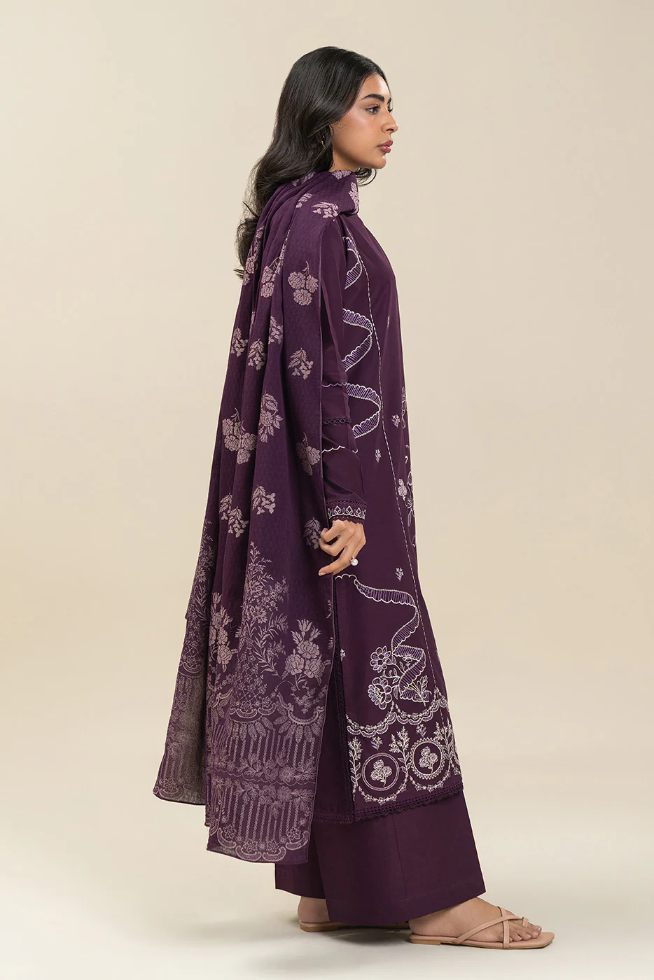 3 PIECE EMBROIDERED LAWN SUIT-PLUM FALLOUT (UNSTITCHED) - Image 3