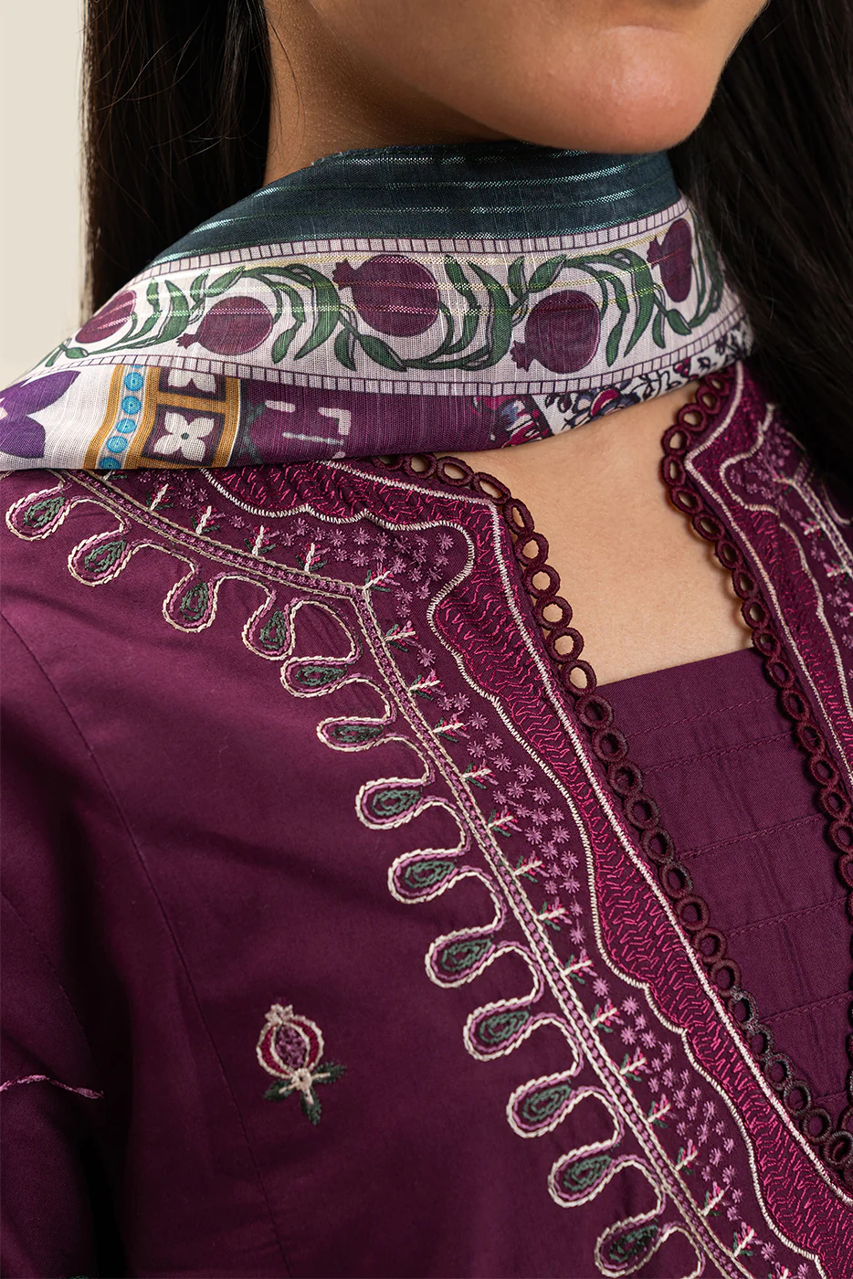 3 PIECE EMBROIDERED LAWN SUIT-PLUM JEWEL (UNSTITCHED) - Image 2