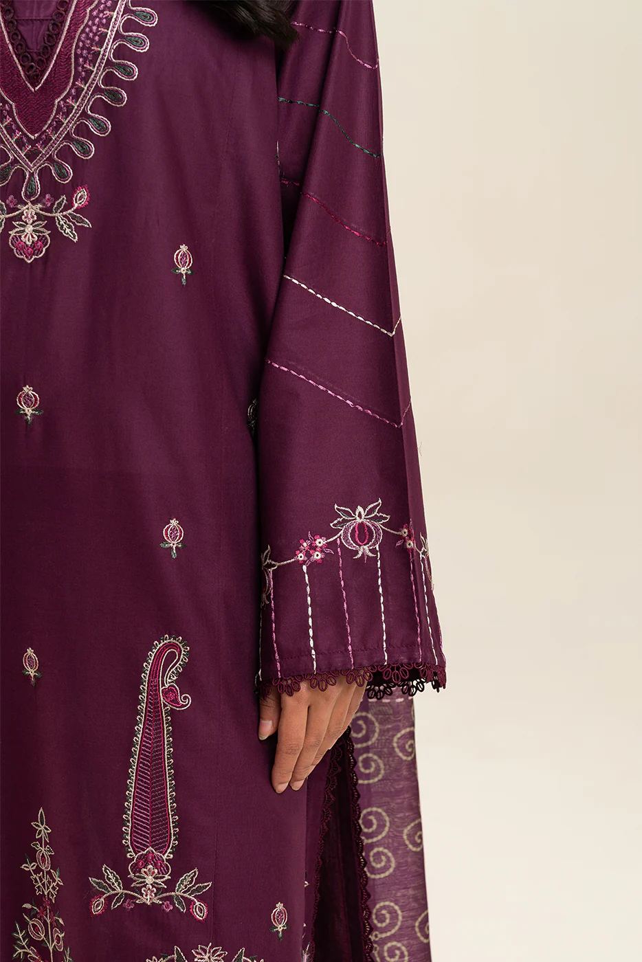 3 PIECE EMBROIDERED LAWN SUIT-PLUM JEWEL (UNSTITCHED) - Image 3