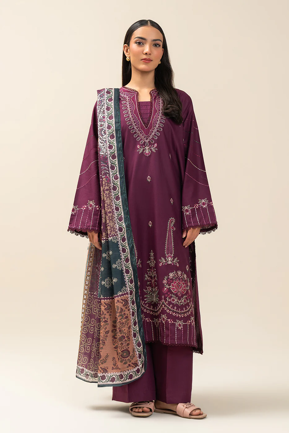 3 PIECE EMBROIDERED LAWN SUIT-PLUM JEWEL (UNSTITCHED) - Image 5