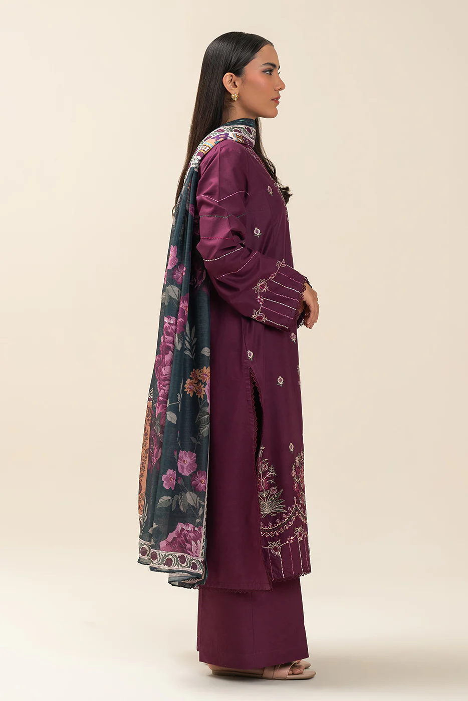 3 PIECE EMBROIDERED LAWN SUIT-PLUM JEWEL (UNSTITCHED) - Image 6