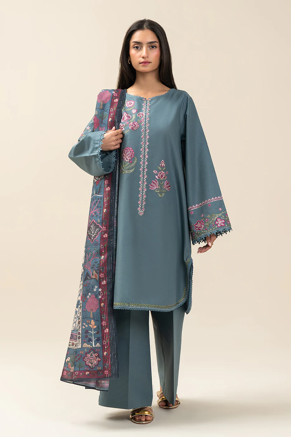 3 PIECE EMBROIDERED LAWN SUIT-ARCTIC BLUE (UNSTITCHED) - Image 5