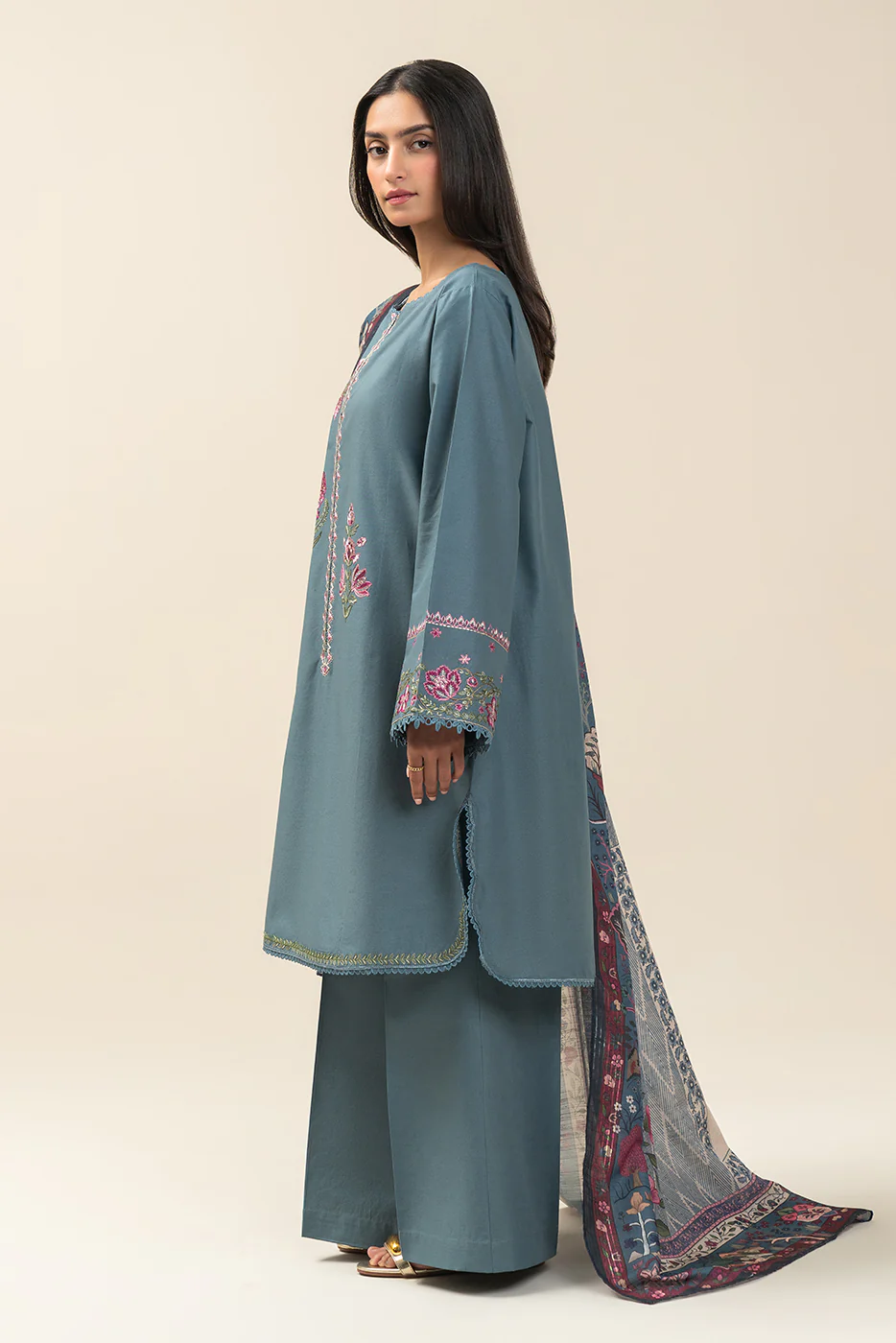 3 PIECE EMBROIDERED LAWN SUIT-ARCTIC BLUE (UNSTITCHED) - Image 6