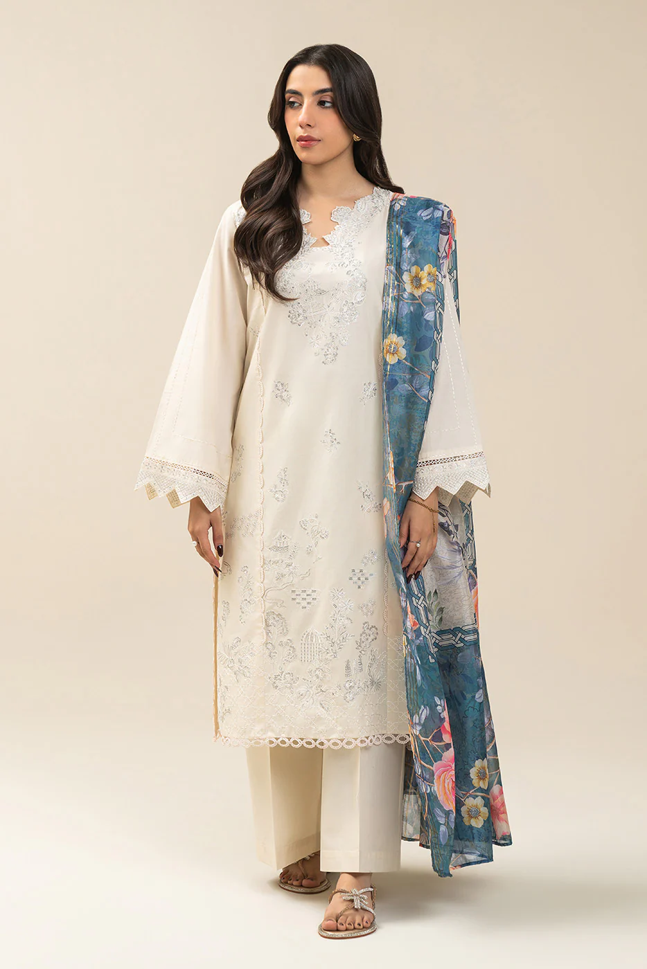 3 PIECE EMBROIDERED LAWN SUIT-IVORY FLORAL (UNSTITCHED) - Image 2