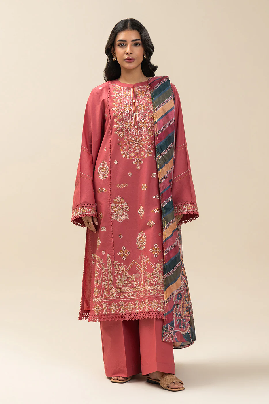 3 PIECE EMBROIDERED LAWN SUIT-CORAL CRANBERRY (UNSTITCHED) - Image 2