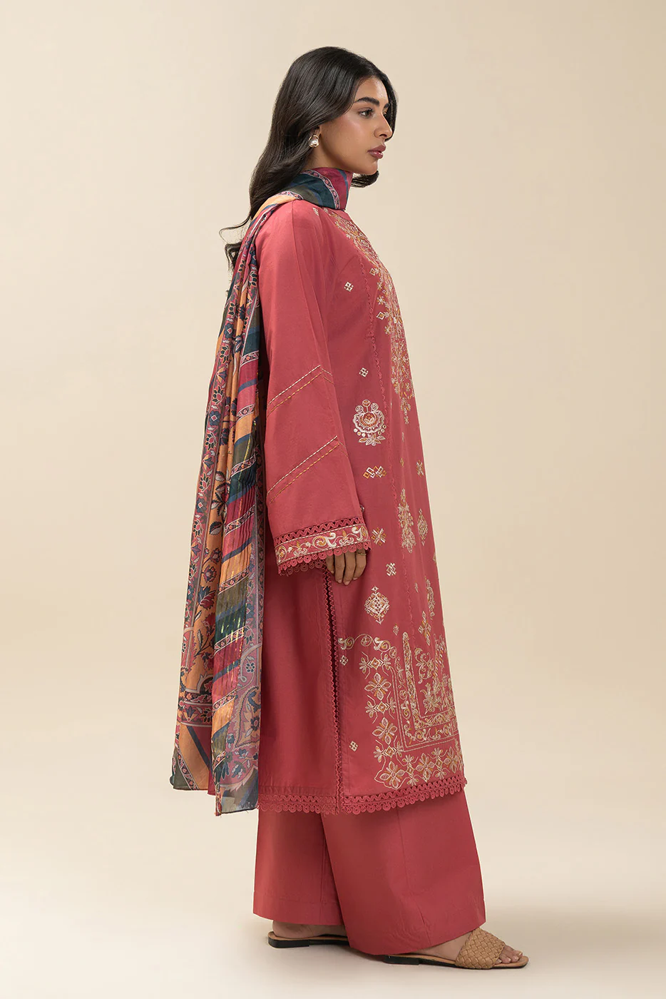 3 PIECE EMBROIDERED LAWN SUIT-CORAL CRANBERRY (UNSTITCHED) - Image 3