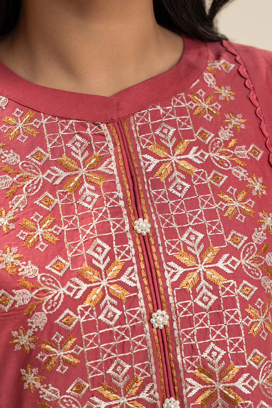 3 PIECE EMBROIDERED LAWN SUIT-CORAL CRANBERRY (UNSTITCHED) - Image 5