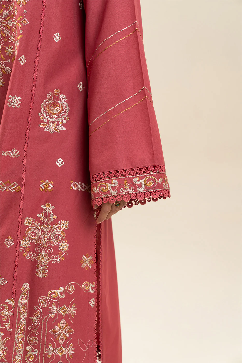 3 PIECE EMBROIDERED LAWN SUIT-CORAL CRANBERRY (UNSTITCHED) - Image 6