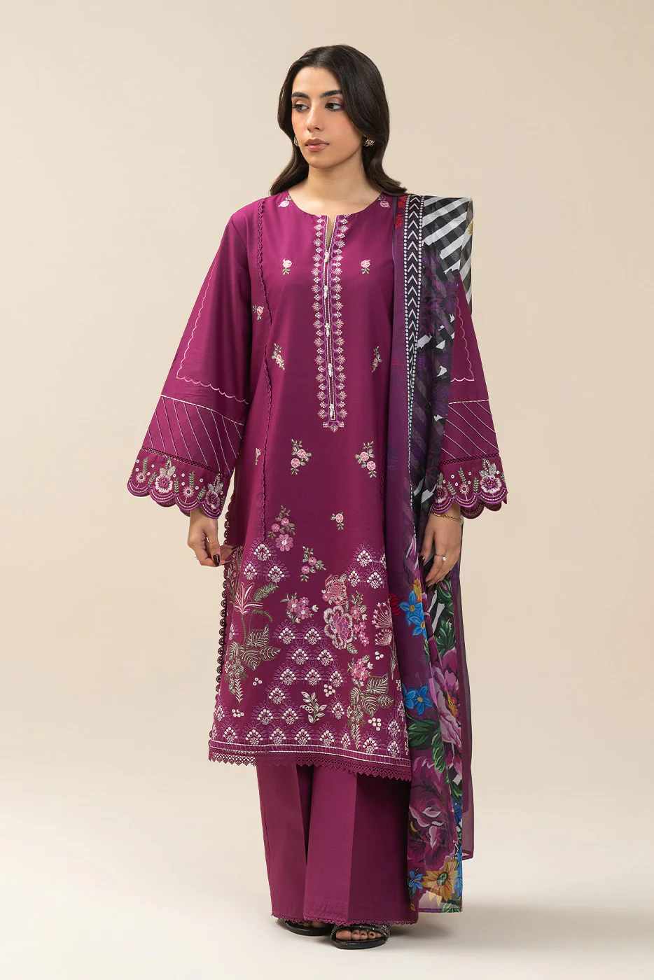 3 PIECE EMBROIDERED LAWN SUIT-CERISE DUSK (UNSTITCHED) - Image 2