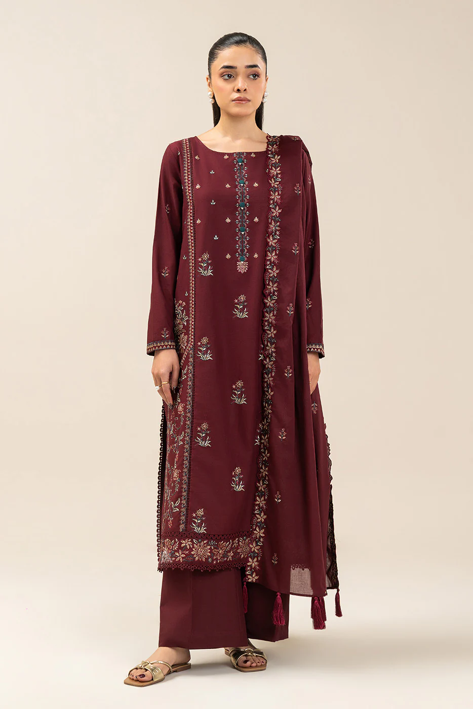 3 PIECE EMBROIDERED LAWN SUIT-MERLOT MISO (UNSTITCHED) - Image 5